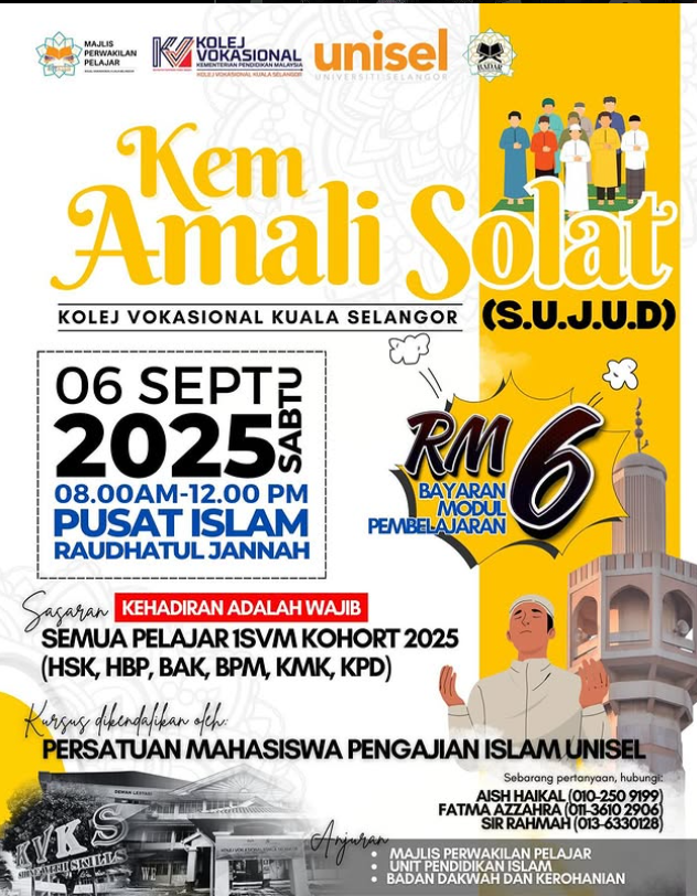 Program Kem Amali Solat anjuran Kolej Vokasional Kuala Selangor bertujuan membimbing pelajar menguasai tatacara solat dengan betul melalui aktiviti teori dan praktikal.